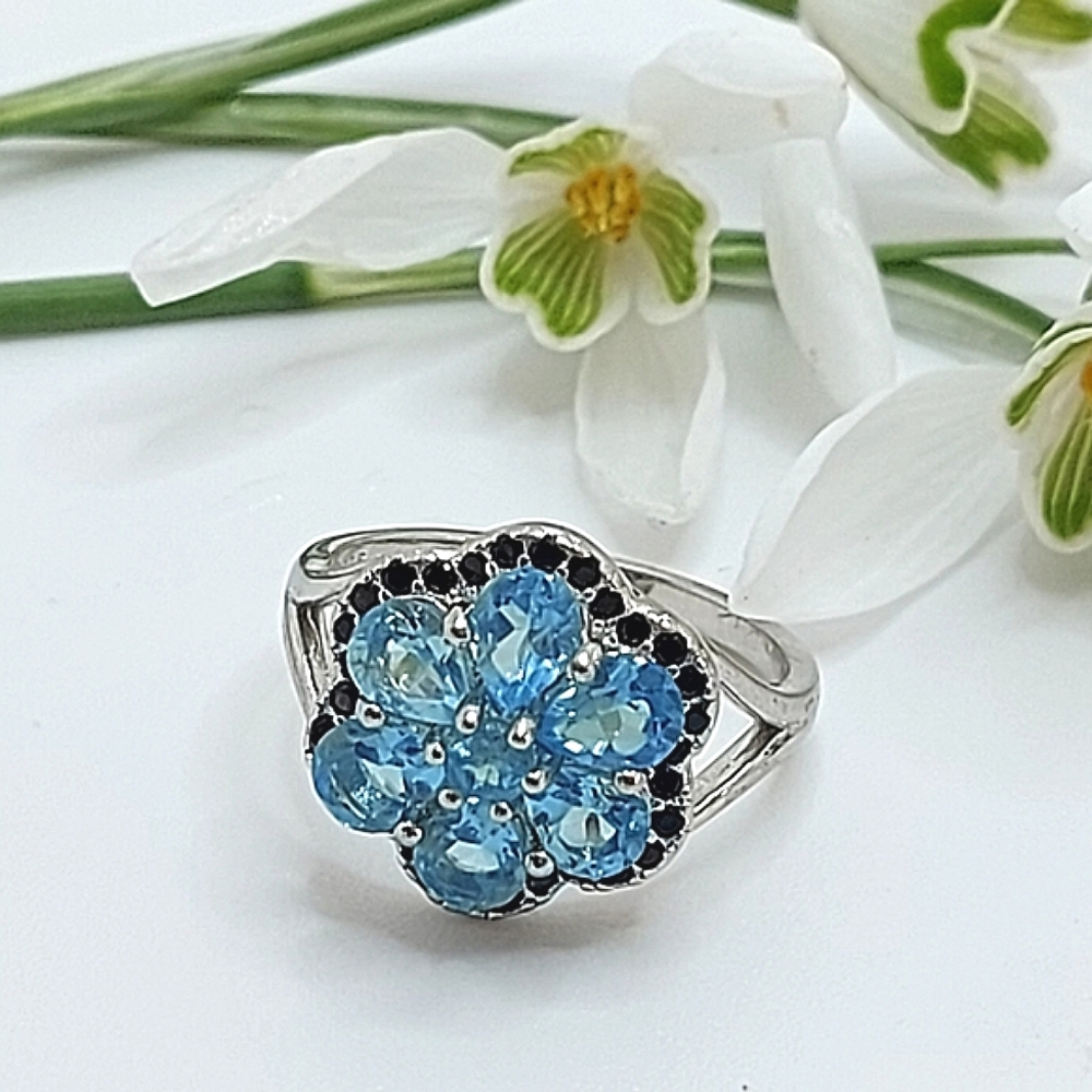 Natural‎ Blue Apatite 5x4mm & Black Spinel 925 Sterling Silver Ring Size 7